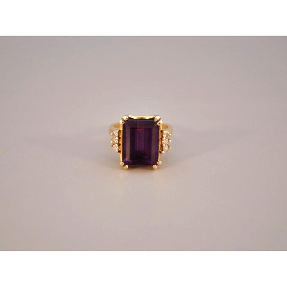 Vintage Estate 14k Solid Gold Natural Amethyst & Diamond Ring Large Emerald Cut - Picture 4 of 8